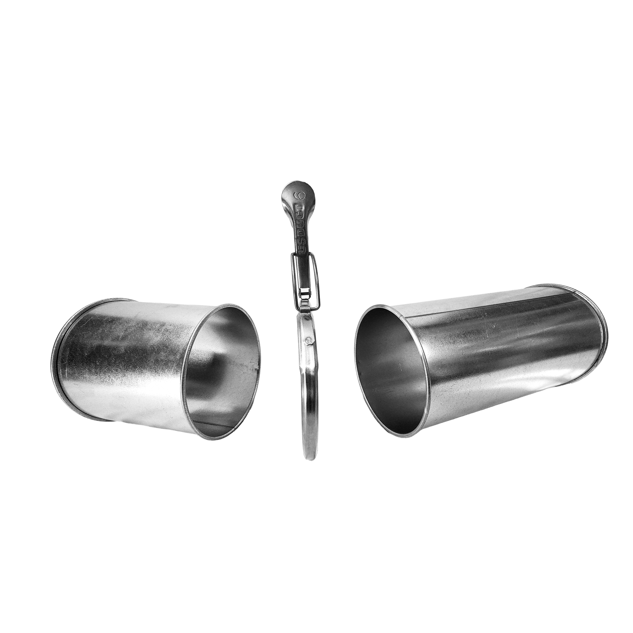 Components of clamp-together ductwork: two pieces of duct with a clamp in between them.