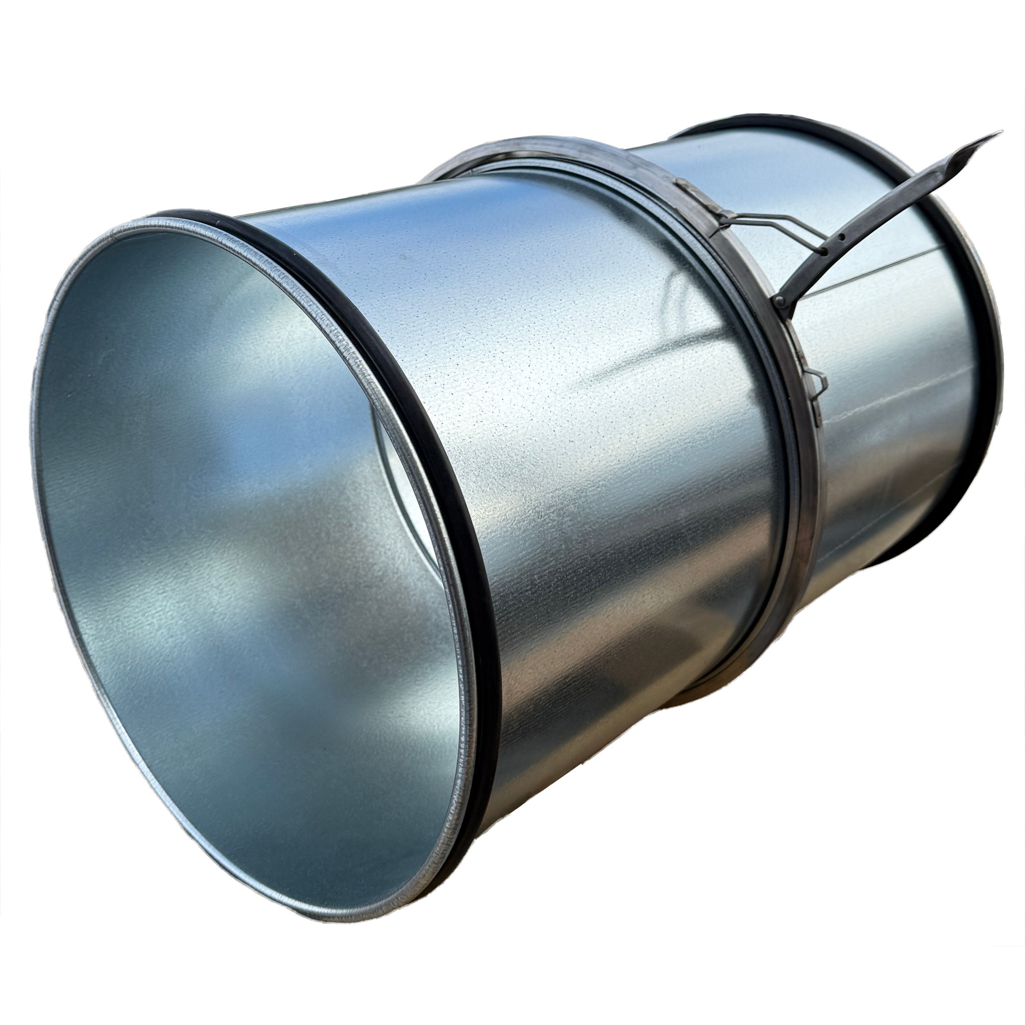 A short piece of ductwork with a clamp around its diameter, in the open position.