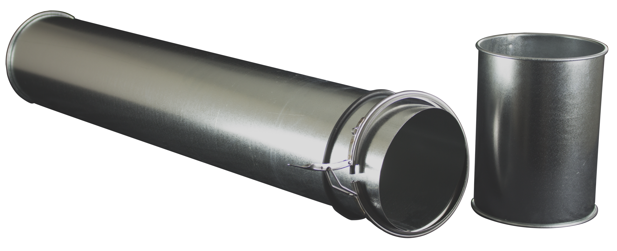 A long piece of ductwork with a clamp around its diameter, in the open position. Next to the long piece, a short piece if ductwork is standing vertically.