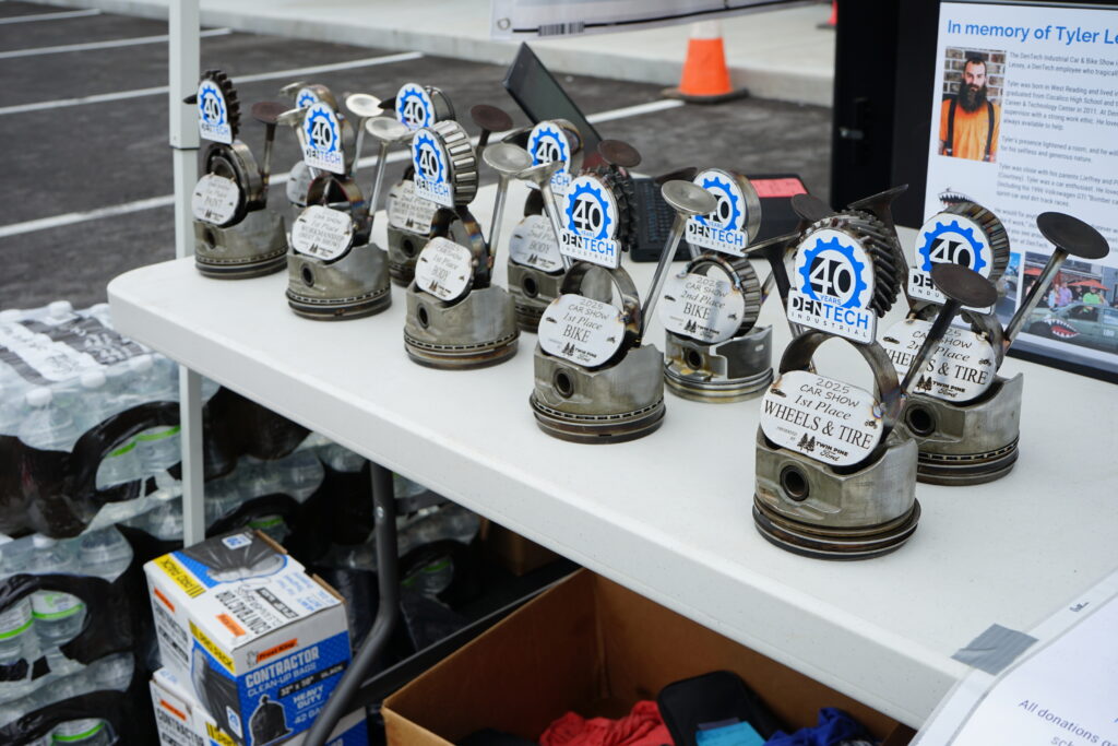 Several trophies on a table