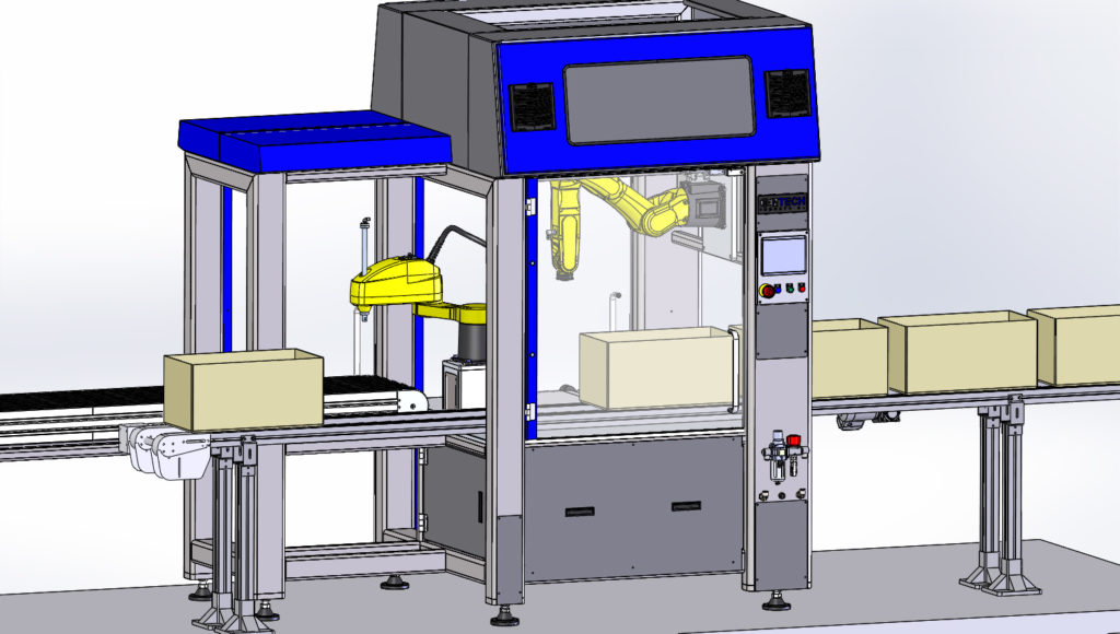 Drawing of a robotic cell with boxes on a conveyor